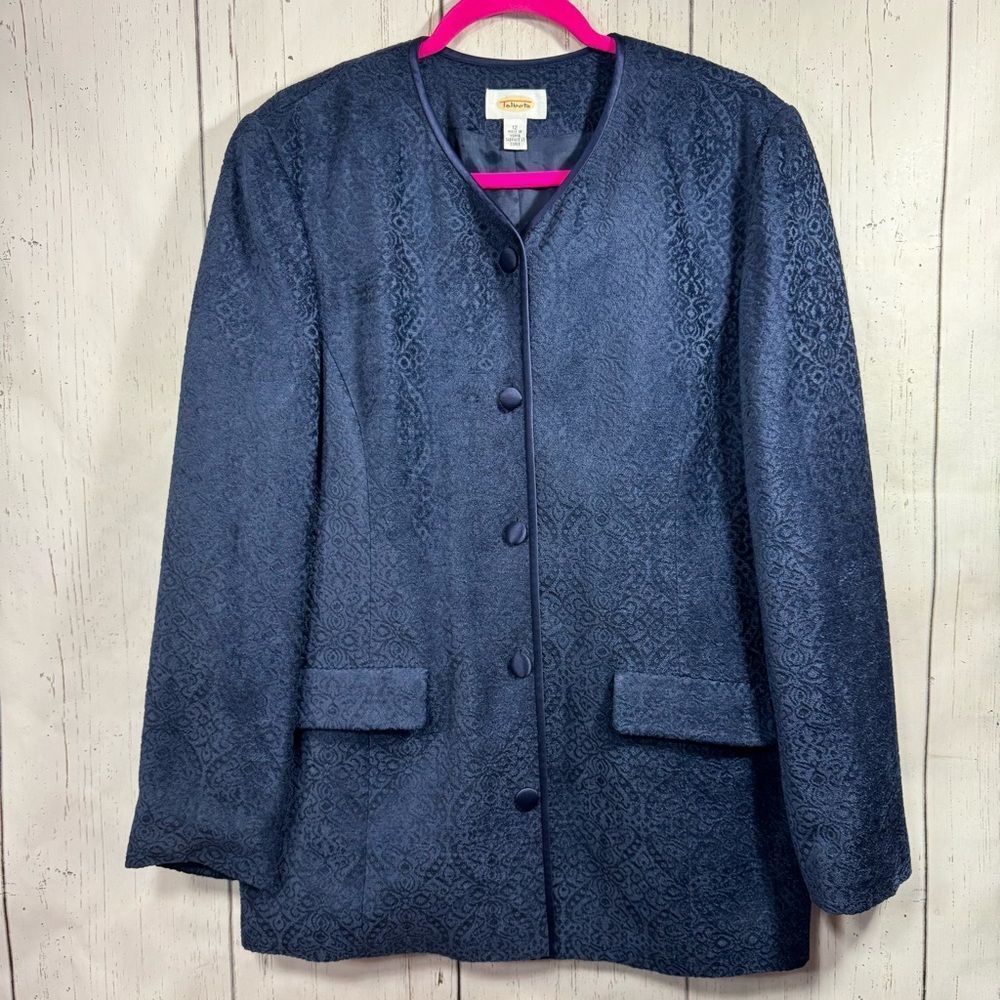 Vintage Talbots Navy Jacquard Silk Trim Blazer Classic Elegant Quiet Luxury